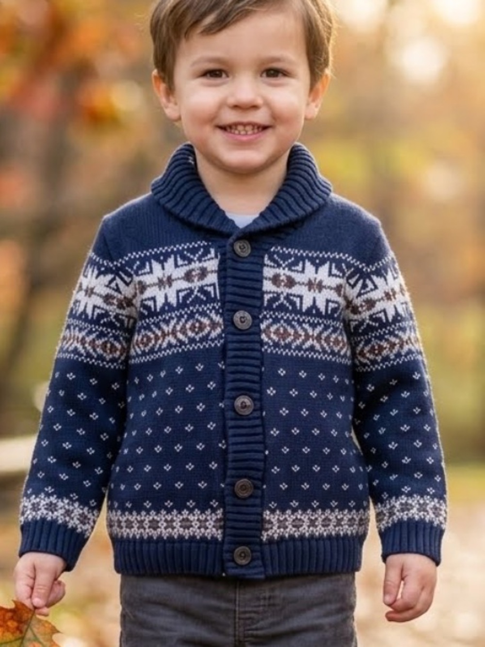 Boys' Navy Fair Isle Button-Up Cotton Cardigan Sweater